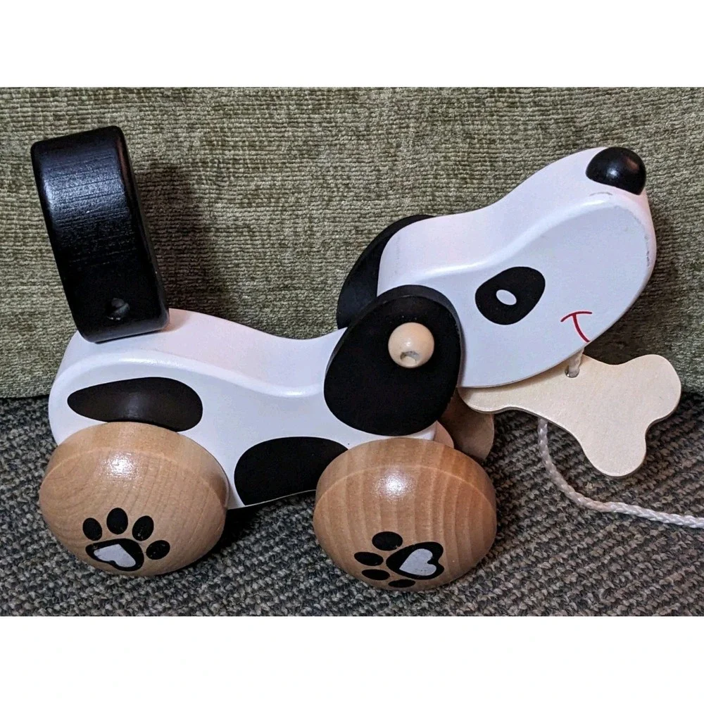 Wood Dog Pull Toy Childrens Classic World Wooden Puppy Hound Black White